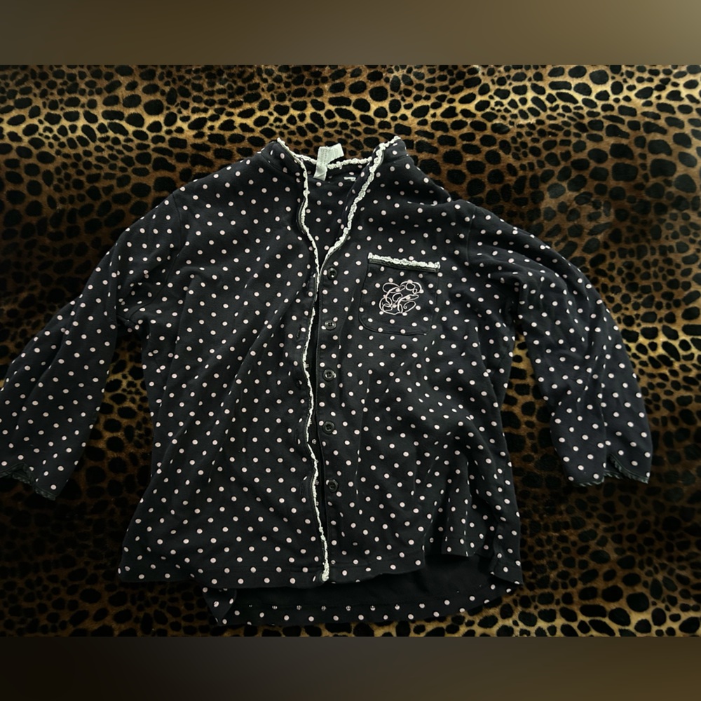 Charter Club Black Top with Pink Polka Dots and White Lace Trim
